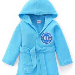 Babyhug Terry Cotton Knit Full Sleeves Bathrobe with Hood & Best Player In Town Embroidery - Light Blue-image-99