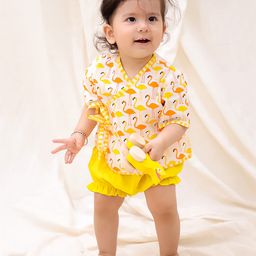 BownBee Cotton Half Sleeves Flamingos Printed Jhabla & Shorts Set - Yellow-image-35