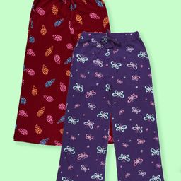 Kiddopanti Cotton Knit Pack Of 2 Pineapples & Butterflies Printed Pajamas - Maroon & Purple-image-96