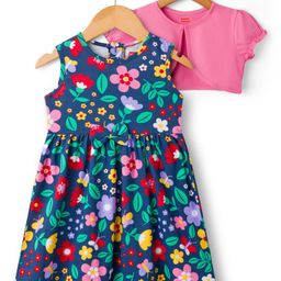 Babyhug Single Jersey Knit Frock & Half Sleeves Shrug With Floral Print & Bow Applique - Navy Blue & Pink-picture-46
