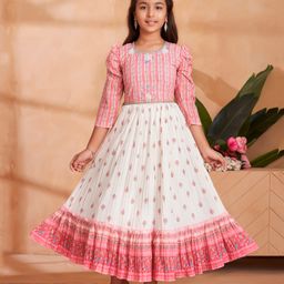 Aarika Georgette Woven Three Fourth Sleeves Striped & Floral Printed Tiered Gown - Cream & Pink-image-1