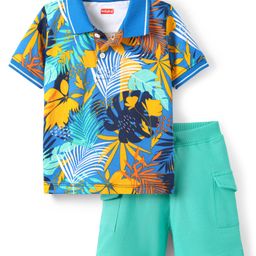 Babyhug Single Jersey Knit Half Sleeves Polo T-Shirt & Shorts Set with Tropical Theme Print - Blue-image-31