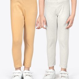 Ariel Cotton Knit Pack Of 2 Solid Non Transparent Leggings - Beige & Off White-image-32