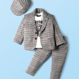 Dapper Dudes Full Sleeves Houndstooth Printed Blazer With Tee Pant & Cap Set - Black-picture-22