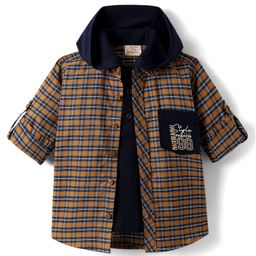 Rikidoos Full Sleeves Checked Shirt With Attached Solid Hooded Tee - Brown & Navy Blue-image-55