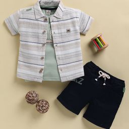 KIDZELLO Knit Half Sleeves Striped Shirt & Shorts With 08 Number Printed Tee - Green-image-53