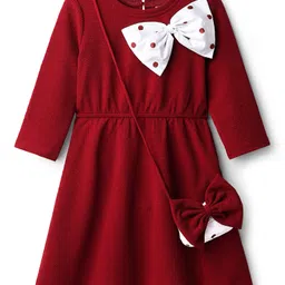 Hola Bonita Knit Full Sleeves Textured Fabric Solid Dress with Bow Applique & Sling Bag - Maroon-picture-27