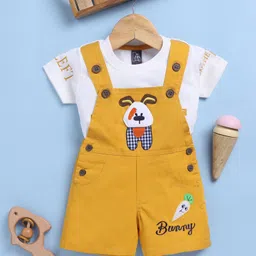Jb Club Cotton Knit Bunny Text Embroidered & Dog Patch Detailed Dungaree With Half Sleeves Tee - Mustard-picture-17