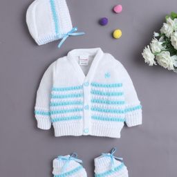 BUMZEE Knit Full Sleeves Cable Knit Design Solid Color Front Open Sweater with Cap & Booties - White-image-3