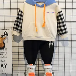 Googo Gaaga Cotton Knit Full Doctor Sleeves Colour Blocked Hooded Sweatshirt With Joggers Set - Cream-picture-13