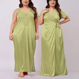 NIGHT KEYS Women Satin Sweat Nightdress With Robe-96
