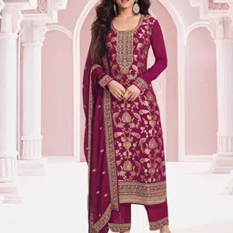 Odette Wine Viscose Rayon Embroidered Semi-Stitched Kurta Set For Women-image-24