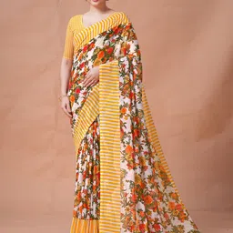 Garden Vareli Floral Printed Striped Border Pure Georgette Saree-image-17