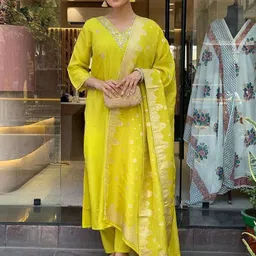 PEENGAX Embroidered Sequinned Chanderi Cotton Kurta With Trousers And Dupatta-image-2