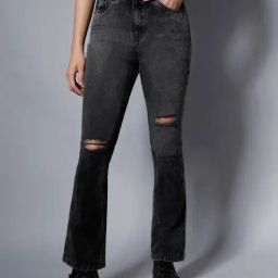 High Star Black Distressed Flared Fit High Rise Jeans-image-46