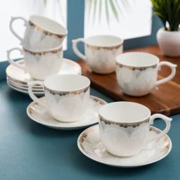 Clay Craft Printed Colour White Line Fine Ceramic Cup Saucer Set of 12 ( 6 Cups + 6 Saucers) - 180 ml each-image-6