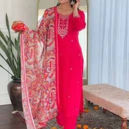 Anouk Floral Embroidered Thread Work Notch Neck Straight Kurta With Trousers & Dupatta-image-60