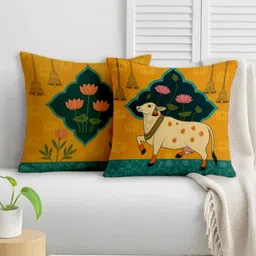 STITCHNEST Yellow & Green 2 Pieces Ethnic Motifs Satin Square Cushion Covers-52