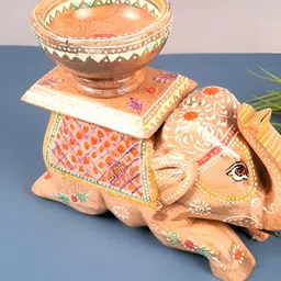 apka mart Brown & Red Figurine Wooden Elephant with Bowl Showpiece-image-63