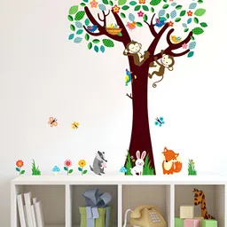 LANSTICK Brown & Green Tree With Animals Self Adhesive Wall Sticker-image-81