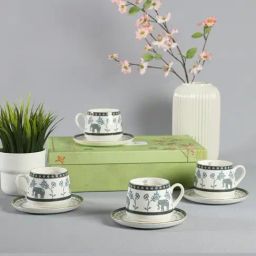 India Circus Abstract White Bone China Cup Saucer Set (Set of 8) Accented With 22 Carat White Each With Gift Premium Box-4