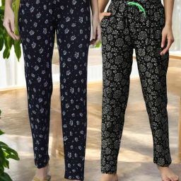 Kryptic Black & Navy Cotton Relaxed Fit Printed Lounge Pants - Pack of 2-image-81