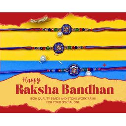 Anouk Set Of 3 Beaded Cotton Thread with AD Stones & Meenakari Designer Rakhi for Brother image 4