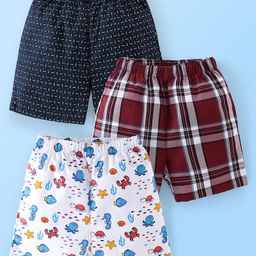 Babyhug Cotton Woven Knee Length Boxers Checks & Marine Life Print Pack of 3 - Maroon White & Black-image-59