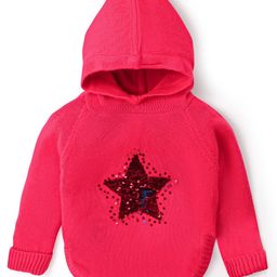 Babyhug Acrylic Knit Full Sleeves Hooded Sweater with Sequin Star Design - Coral Red-image-10
