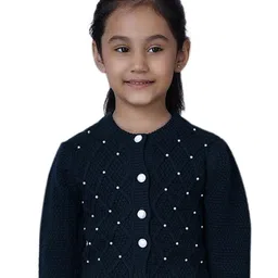 JoE Hazel Full Sleeves Pearl Embellished Wooven Detailed  Cardigan -  Navy Blue-picture-38