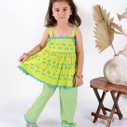 Superminis Sleeveless Jaipuri Flower Motif Printed & Gota Lace Embellished Kurta & Pant Set - Green-image-34
