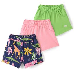 Doodle Poodle 100% Cotton Single Jersey Knit Above Knee Length Shorts Animal Print Pack of 3 -Green Pink & Navy Blue-image-18
