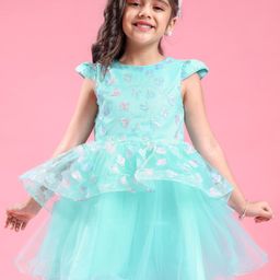 Mark & Mia Cap Sleeves Knee Length Party Frock with Floral Applique & Frill Design - Sky Blue-image-81