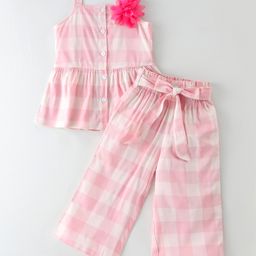 CrayonFlakes Rayon Sleeveless Checked Coordinating Top & Belted Palazzo Set - Pink-image-96
