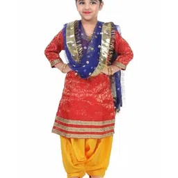 Itsmycostume Brocade Punjabi Dress Theme Costume Set - Red & Yellow-picture-38