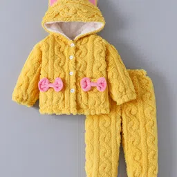 Kookie Kids Full Sleeves Hooded Winter Night Suit with Bow Applique - Yellow-picture-38