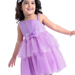 Babyhug Woven One Shoulder Sleeves Fit & Flared Embellished Layered Party Frock with Bow Applique - Lilac-image-83