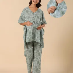 Ikk Kudi by Seerat Cotton Woven Three Fourth Batwing Sleeves Floral Printed Kaftan Top With Zipper Nursing Access & Pant Set - Light Green-picture-8