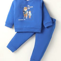 ToffyHouse Fleece Winter Wear Full Sleeves Bear Printed T-Shirt & Solid Joggers Set-Blue-image-80
