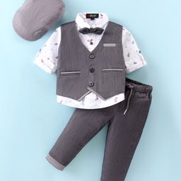 Robo Fry Lycra Knit Full Sleeves Solid Colour 3 Piece Party Suit with Bow & Hat - Charcoal Grey-picture-45