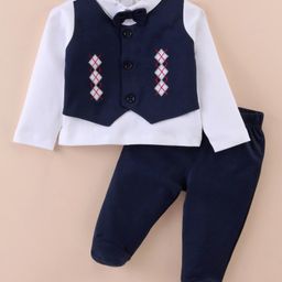 ToffyHouse 100% Cotton Woven Full Sleeves Printed T-Shirt & Bottom Set with Bow - White & Navy Blue-image-102