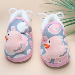 Baby Moo Duck Applique Detailed Slip On Anti Skid Plush Booties - Peach-image-4