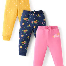 Babyhug Single Jersey Knit Full Length Lounge Pants with Bow Applique Polka Dots & Floral Print Pack of 3 - Yellow Navy Blue & Pink-picture-4