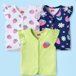 Babyhug 100% Cotton Knit Frill Sleeves Front Open Vests with Floral & Strawberry Print Pack of 3 - White Light Green & Navy Blue-image-68