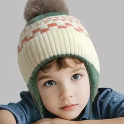 Ziory Wool Checked & Pompom Embellished Cap With Knot - Multi Colour-picture-43