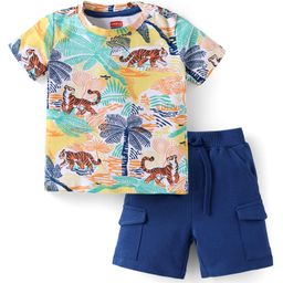 Babyhug Single Jersey Knit Half Sleeves T-Shirt & Shorts Set With Tiger Print - Blue-image-85