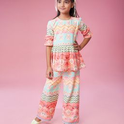 MASTARANG Half Peasant Sleeves Floral & Chevron Printed Coordinating Top Pant Set - Orange-43