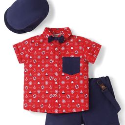 ToffyHouse Poplin Half Sleeves Nautical Printed Shirt with Shorts Suspenders & Cap Set - Red & Navy Blue-image-78