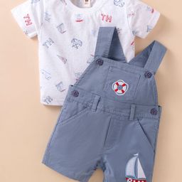 ToffyHouse Interlock Knit Half Sleeves T-Shirt & Dungaree with Nautical Print & Embroidery - Navy Blue & White-image-32