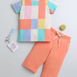 BUMZEE Cotton Woven Half Sleeves Color Blocked Capri Night Suit- Coral-image-55